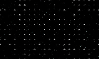 Seamless background pattern of evenly spaced white sunrise at sea symbols of different sizes and opacity. Vector illustration on black background with stars