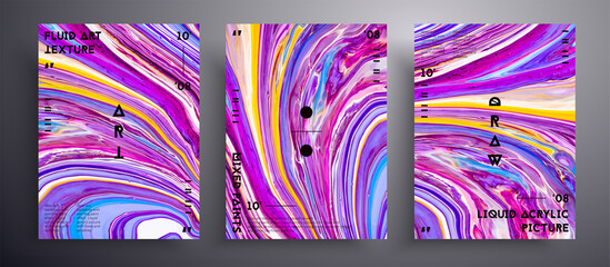 Abstract acrylic banner, fluid art vector texture pack. Artistic background that applicable for design cover, poster, brochure and etc. Pink, blue, yellow and white unusual creative surface template.