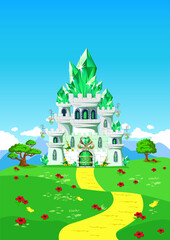 Emerald city and yellow brick road on a fairy tale background. Vector vertical illustration of an emerald castle. - obrazy, fototapety, plakaty