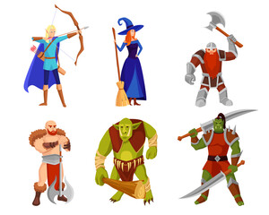 Cartoon monsters and warriors vector illustrations set. Elf with bow, heroes and orcs with weapons, witch with broom isolated on white background. Computer game, fantasy, fairytale concept