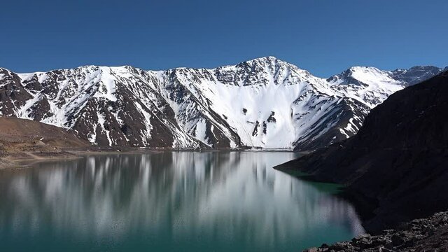 Chile. Landscape of mountain snow and lagoon in Santiago.