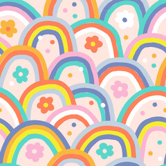 Boho baby summer whimsical rainbow vector seamless pattern. Modern groovy hippie abstract arch floral confetti vibrant background. Childish Scandinavian colourful decorative print design - 436240010