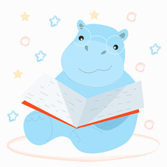 A blue hippo is reading a book with a red cover.