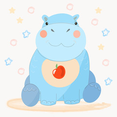 A blue hippopotamus sits in a collar with an apple.