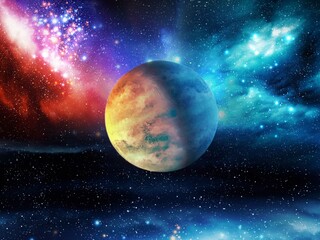 Earth-like exoplanet in deep space, beautiful alien planet. Colorful cosmos with nebula and stars. Beauty of the universe.