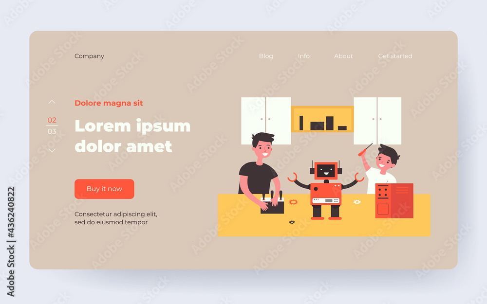 Aufkleber happy children making robot together. brothers creating machine for school project flat vector illus
