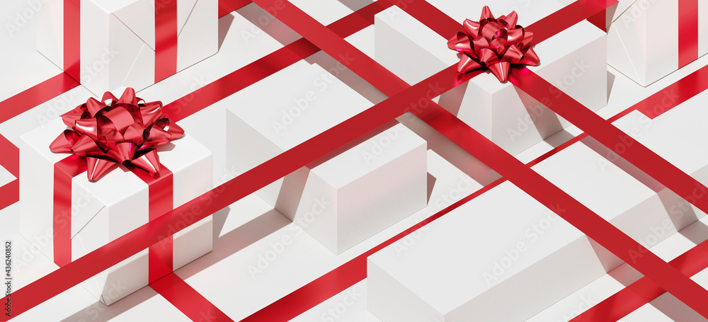 Poster minimal product background for christmas, new year and sale event concept. white gift box with red r