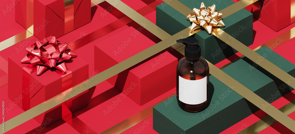 Poster minimal product background for christmas, new year and sale event concept. red and green gift box wi