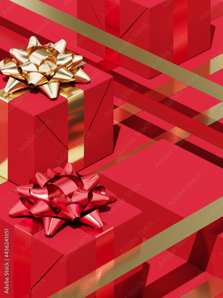 Poster minimal product background for christmas, new year and sale event concept. red gift box with golden 