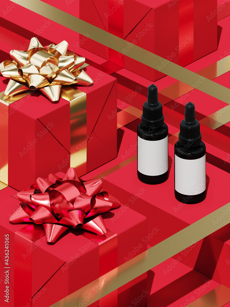Poster minimal product background for christmas, new year and sale event concept. red gift box with golden 