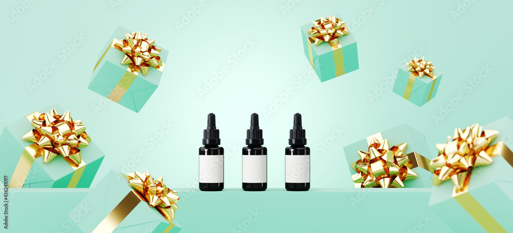 Poster minimal product background for christmas, new year and sale event concept. green gift box with golde