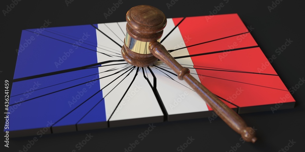 Aufkleber broken block with flag of france and judge's gavel. conceptual 3d rendering