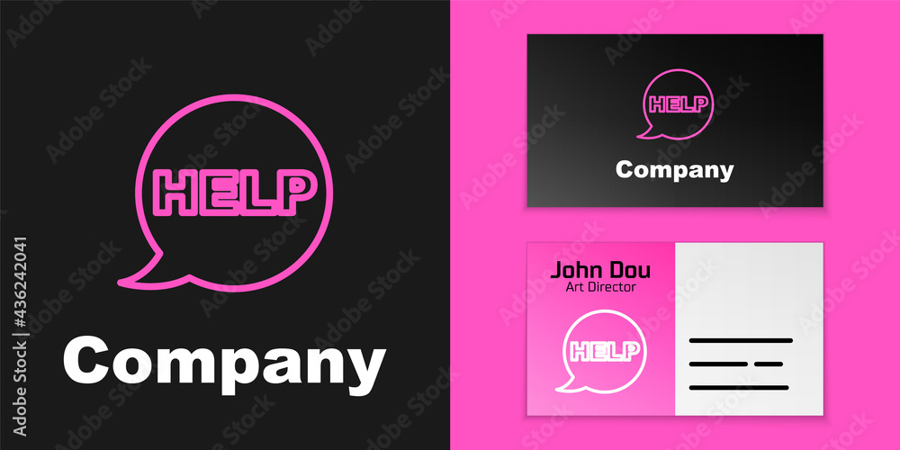 Poster pink line speech bubble with text help icon isolated on black background. logo design template eleme