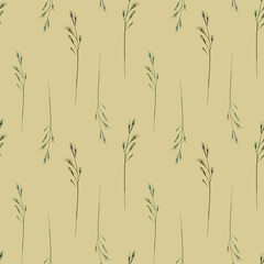 Watercolor seamless pattern with wild field herbs, wild grasses on a beige background.