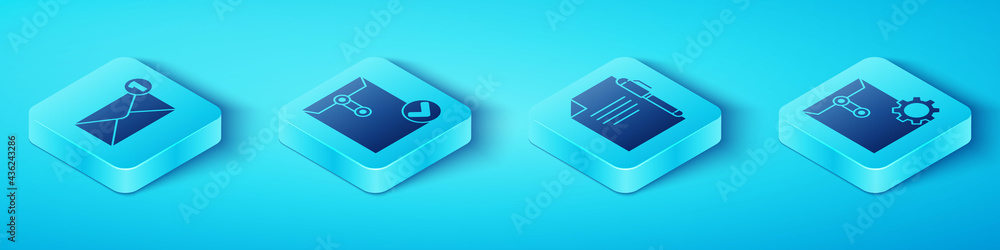 Poster set isometric envelope, envelope and check mark, envelope setting and document and pen icon. vector