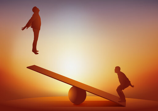 Concept du leadership et de l&rsquo;ascension dans la hi&eacute;rarchie d&rsquo;une entreprise, avec un homme propuls&eacute; dans les airs &agrave; l&rsquo;aide d&rsquo;un tremplin.