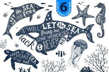 6 hand drawn summer designs with lettering in silhouettes © Marina Gorskaya