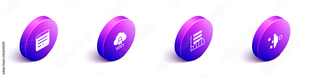 Poster set isometric browser window, cloud computing lock, server, data, web hosting and filter setting ico