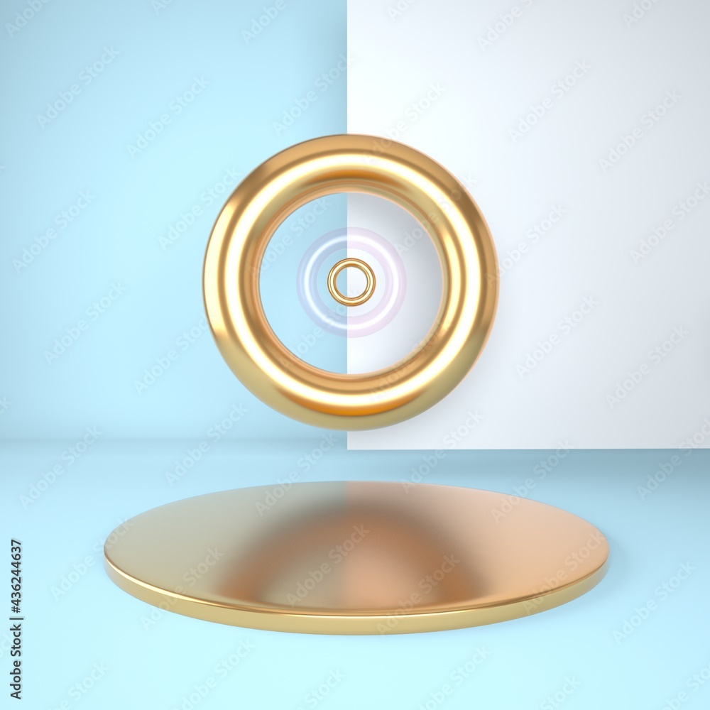Poster 3d rendering studio with geometric shapes, podium on the floor. platforms for product presentation, 