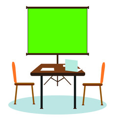 Modern office table with chairs vector illustration of a Business Meeting with . Projector screen green screen Chroma key Presentation screen.  Isometric corporate meeting green  Empty board  laptop