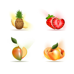 Set of exotic fruits, pineapple, strawberry, mango, and peaches.