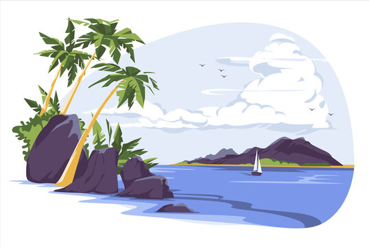 Tropical landscape with palm trees and sailing yacht on seaside under cloudy sky. Idyllic paradise, island in ocean, Flat colorful vector illustration
