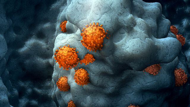 Microscopic View Of Human Cell Tissue With Infectious SARS-CoV-2 Omicron Virus Cells. 3D Rendering