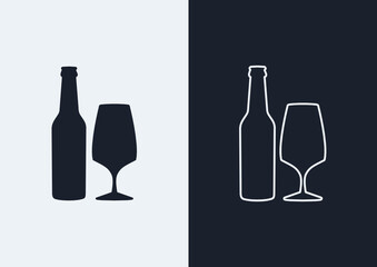 Beer bottle and pokal glass icon. (Outlined and silhouette vector of beer bottle and pokal glass)