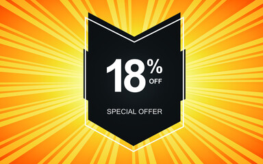 18% off. Yellow banner with eighteen percent discount on a black balloon for mega offers.
