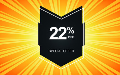 22% off. Yellow banner with twenty-two percent discount on a black balloon for mega offers.