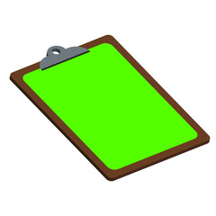 Writing pad wood with green 3D illustration. Wooden pad Chroma key concept on transparent background cinema, movie, games, mockup and meetings. slide screen sign.