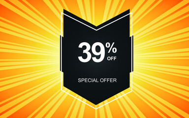 39% off. Yellow banner with thirty-nine percent discount on a black balloon for mega offers.