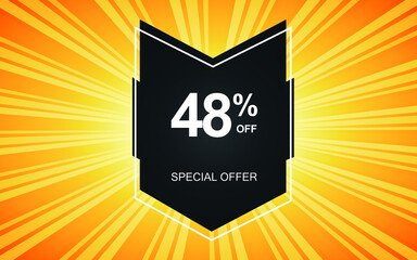 48% off. Yellow banner with forty-eight percent discount on a black balloon for mega offers.

