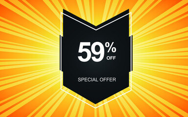 59% off. Yellow banner with fifty-nine percent discount on a black balloon for mega offers.
