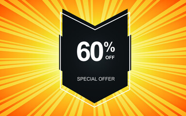 60% off. Yellow banner with sixty percent discount on a black balloon for mega offers.