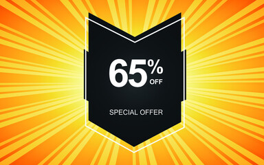 65% off. Yellow banner with sixty-five percent discount on a black balloon for mega offers.
