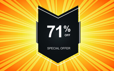 71% off. Yellow banner with seventy-one percent discount on a black balloon for mega offers.

