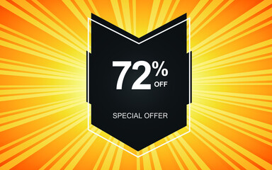 72% off. Yellow banner with seventy-two percent discount on a black balloon for mega offers.
