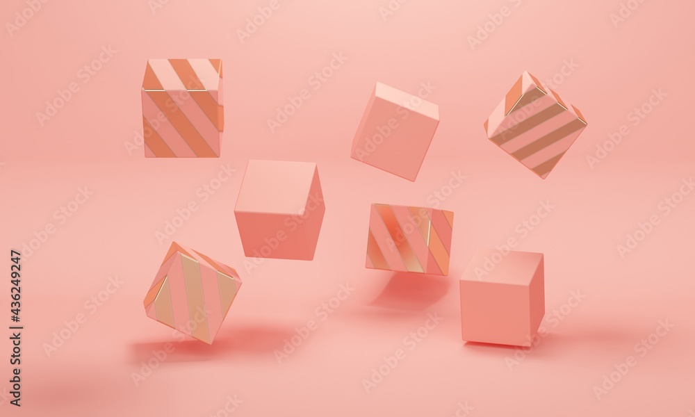 Poster coral abstract background with golden stripes flying cubes. 3d rendering