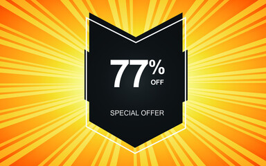 77% off. Yellow banner with seventy-seven percent discount on a black balloon for mega offers.
