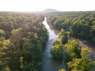 Aerial View of River in North Carolina at Golden Hour in the Summer