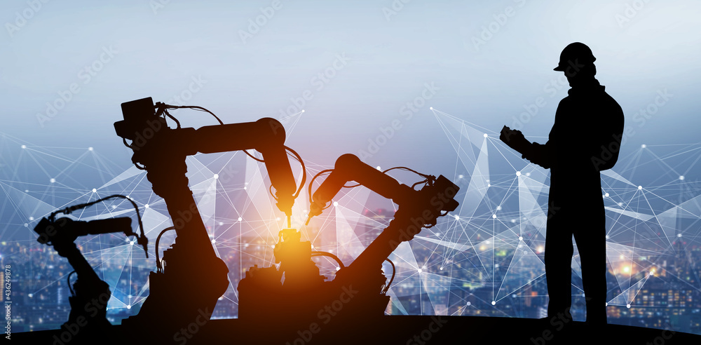Poster mechanized industry of future factory double exposure image . concept of robotics technology for ind