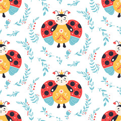Fototapeta na wymiar Ladybugs Seamless pattern Ladybird and flowers background