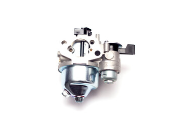 Cultivator carburetor on an isolated white background. New spare part.