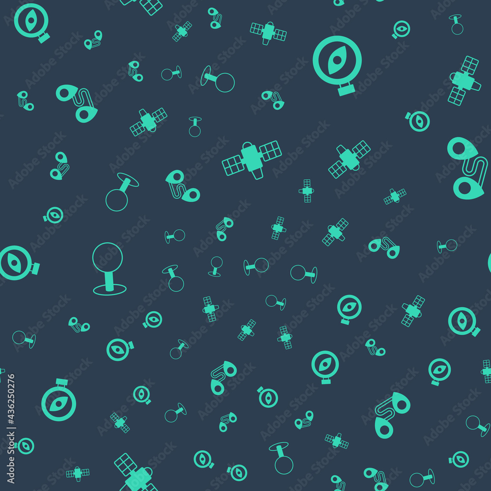 Poster set satellite, compass, push pin and route location on seamless pattern. vector