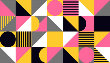 Bauhaus abstract geometric poster. Bauhaus retro style background. Creative banner vector illustration. Pink, yellow, grey, dark blue and white color design