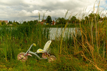 Old baby bike forgotten by someone in the reeds on the shore of the village lake.