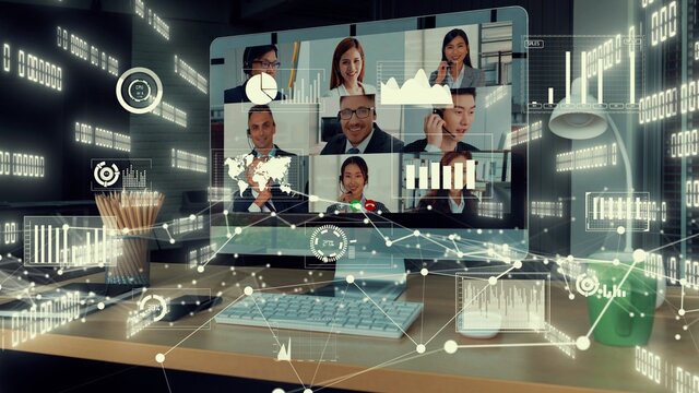 Creative visual of business people in a corporate staff meeting on video call . Concept of digital technology for marketing data analysis and investment decision making .