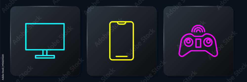 Poster set line computer monitor screen, wireless gamepad and smartphone, mobile phone. black square button
