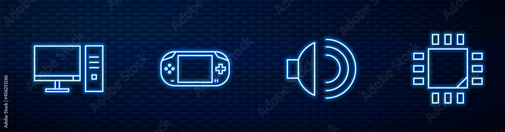Poster set line speaker volume, computer monitor, portable video game console and processor with microcircu